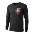 Angled front view of 5/14 Apparel Flareon limited edition black long sleeve — Flareon bursting through geometric diamond frame with multicolor energy accents on left chest, premium Pokemon apparel