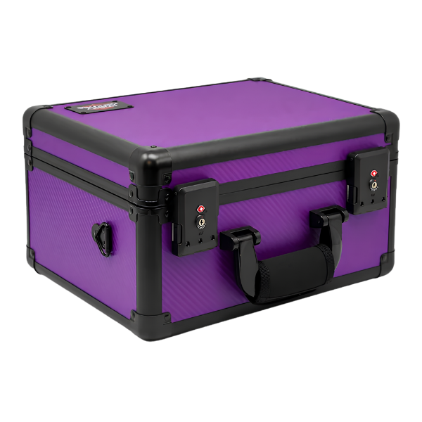 Angled view of Hobby Defense purple woven carbon fiber 3-row graded card case with TSA-approved locks and carry handles — holds 105+ PSA BGS slabs