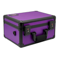 Angled view of Hobby Defense purple woven carbon fiber 3-row graded card case with TSA-approved locks and carry handles — holds 105+ PSA BGS slabs