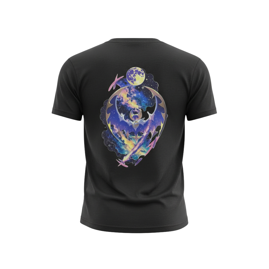 Back view of 5/14 Apparel Lunala black tee — Lunala soaring through galaxy with full moon and Clefairy silhouettes full back graphic, premium Pokemon graphic tee