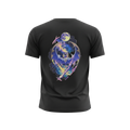 Back view of 5/14 Apparel Lunala black tee — Lunala soaring through galaxy with full moon and Clefairy silhouettes full back graphic, premium Pokemon graphic tee
