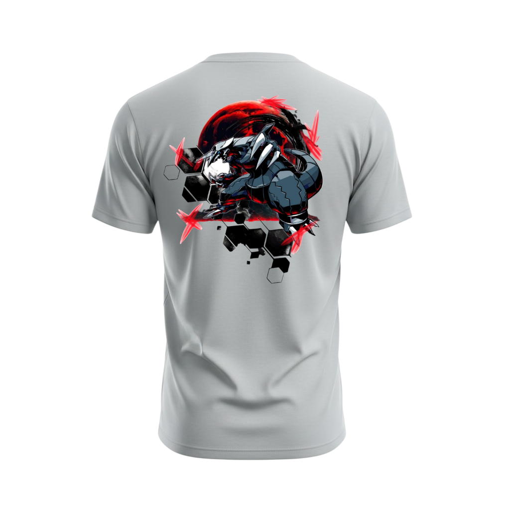Back view of 5/14 Apparel Mega Aggron gray tee — Mega Aggron in red blood moon with black hexagon geometric back graphic, premium Pokemon graphic tee