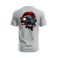 Back view of 5/14 Apparel Mega Aggron gray tee — Mega Aggron in red blood moon with black hexagon geometric back graphic, premium Pokemon graphic tee