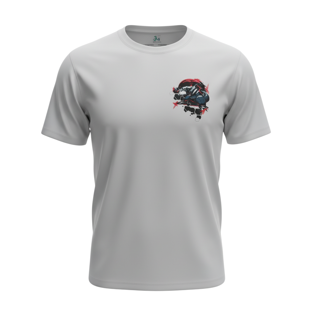 Front view of 5/14 Apparel Mega Aggron white tee — Mega Aggron in red blood moon hexagon frame small chest graphic, premium Pokemon graphic tee