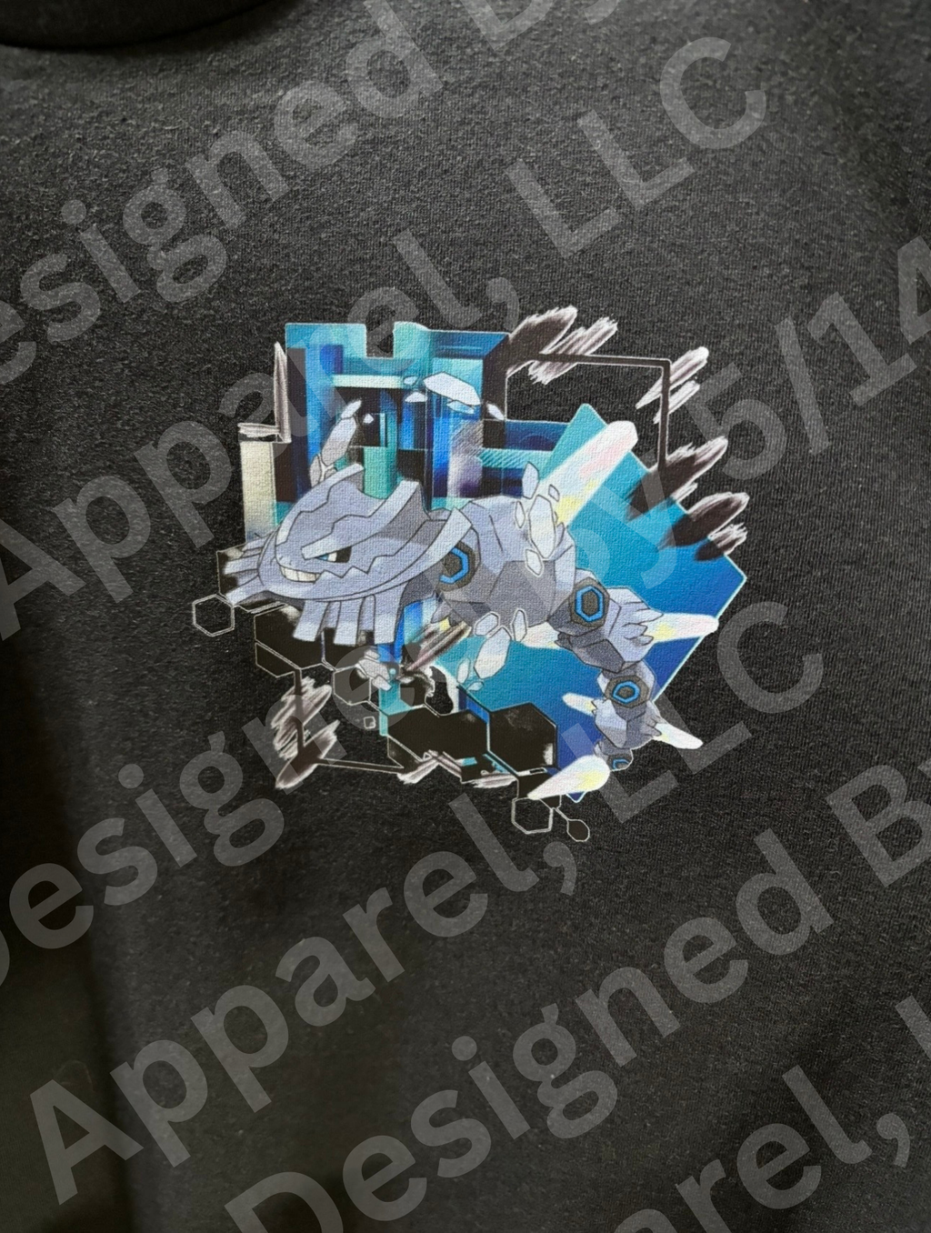 Close-up of Mega Steelix graphic on gray tee — Mega Steelix in blue and teal hexagon geometric frame design by 5/14 Apparel