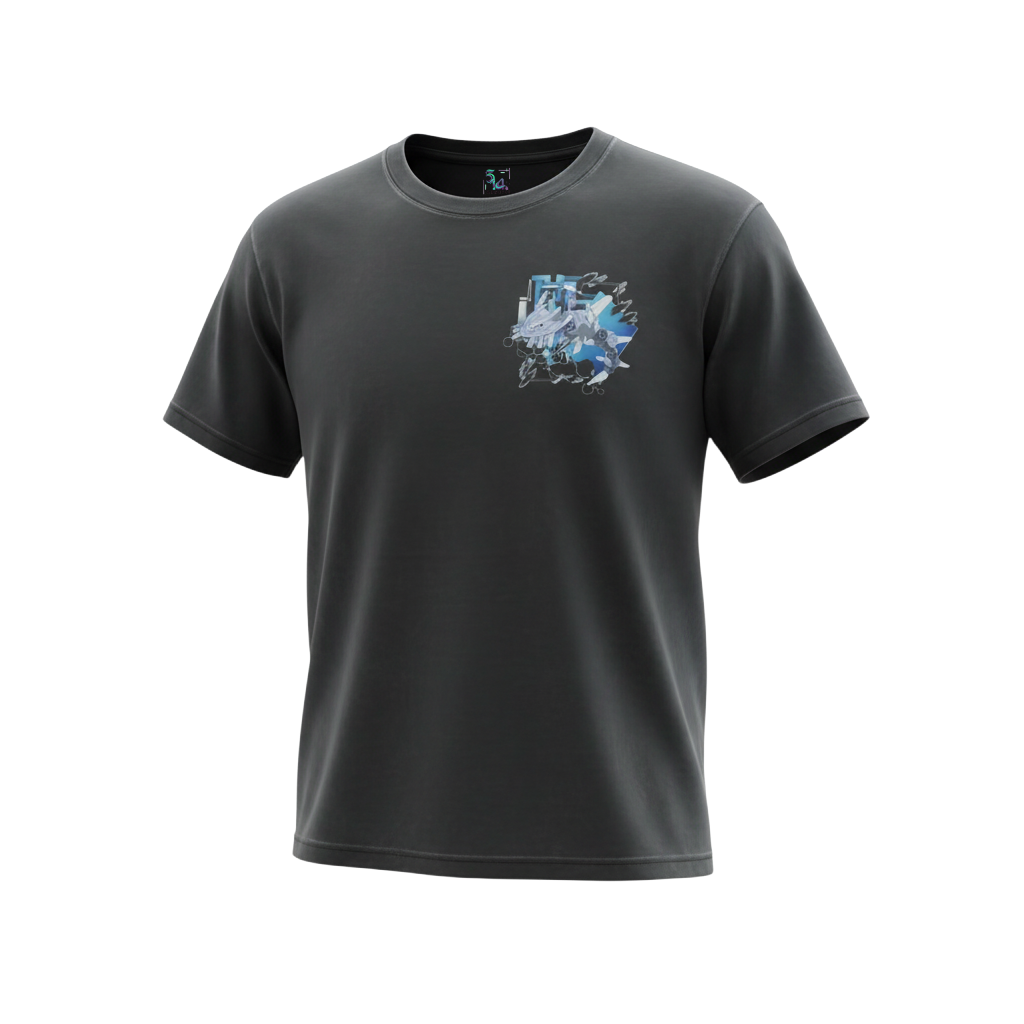 Front view of 5/14 Apparel Mega Steelix gray tee — Mega Steelix in blue geometric hexagon frame small chest graphic, premium Pokemon graphic tee