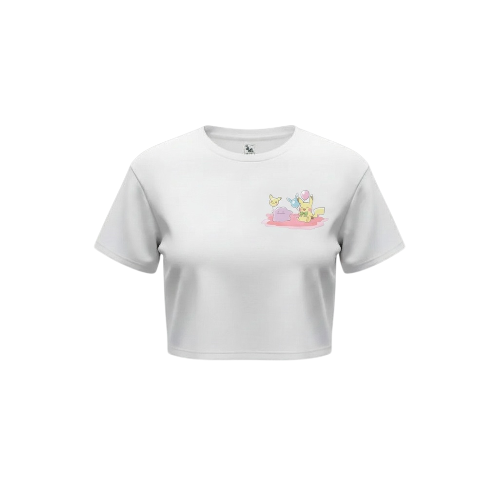 Ditto and Pikachu crop tee, angled view highlighting the loose crop fit