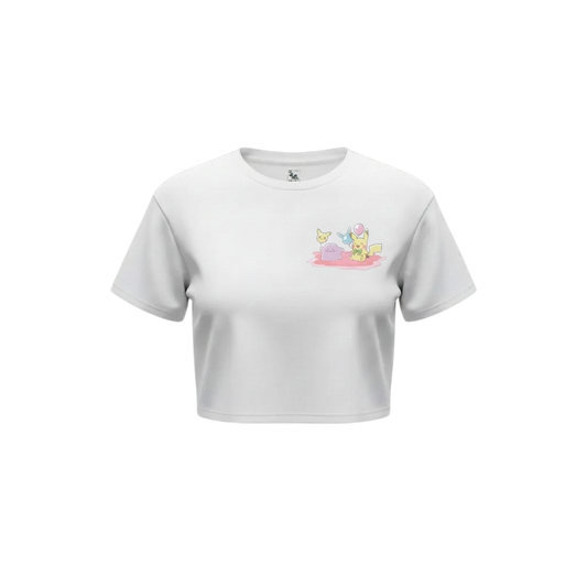 Ditto and Pikachu crop tee, angled view highlighting the loose crop fit
