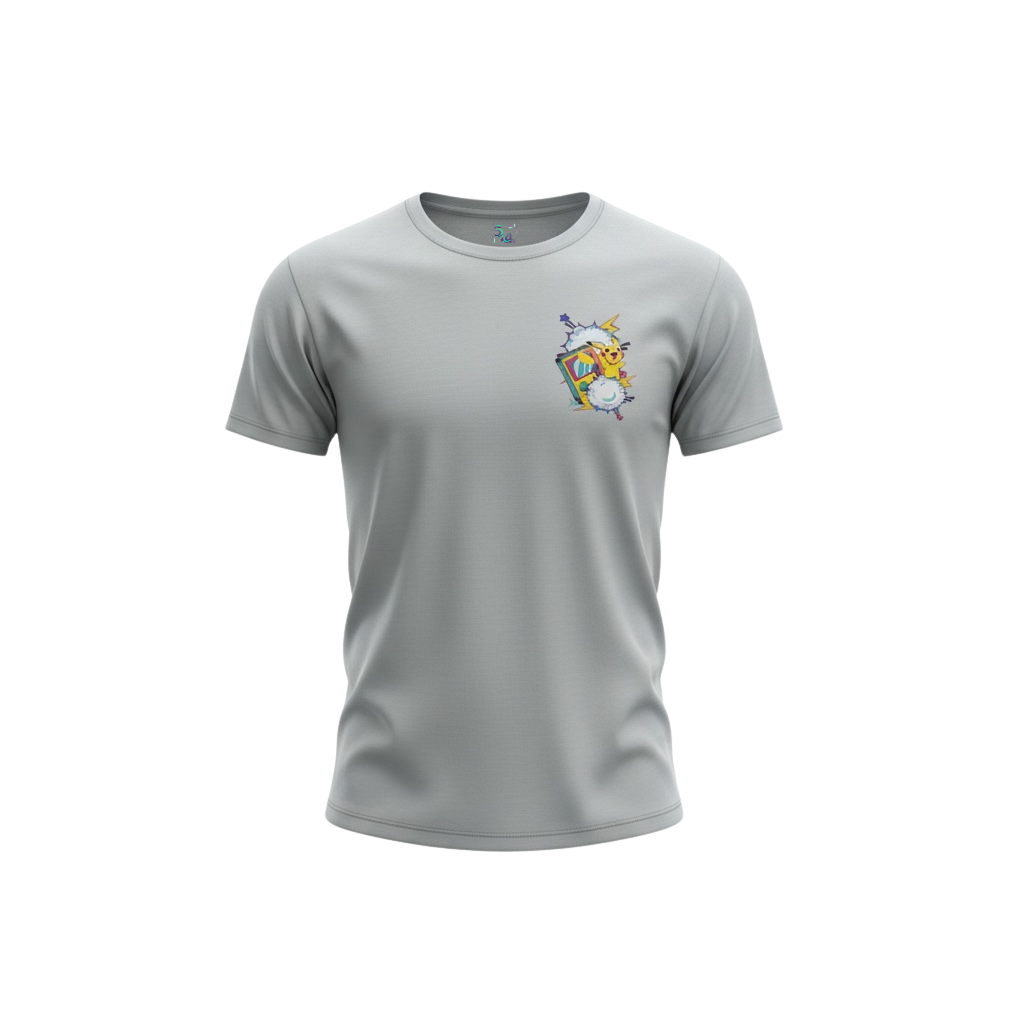 Front view of 5/14 Apparel Pikachu Retro gray tee — Pikachu bursting from Game Boy small chest graphic, premium Pokemon graphic tee