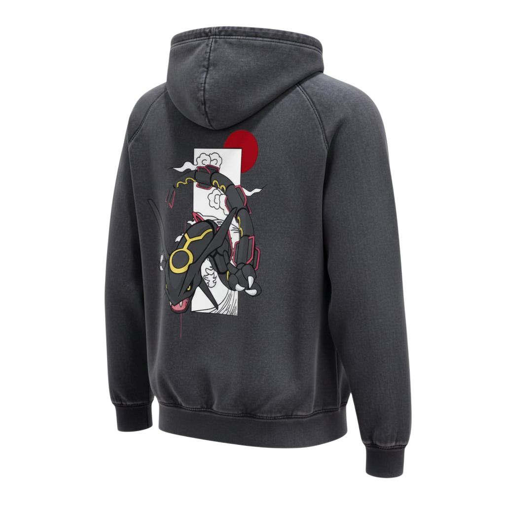 5/14 Apparel Shiny Rayquaza vintage black wash hoodie back print — black shiny Rayquaza dragon breaking through Japanese-style panel with red sun and clouds, mineral washed unisex hoodie
