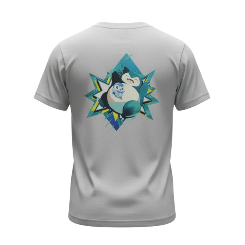Back view of 5/14 Apparel Snorlax grey tee — Snorlax and Piplup in teal geometric starburst back graphic, premium Pokemon graphic tee