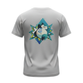 Back view of 5/14 Apparel Snorlax grey tee — Snorlax and Piplup in teal geometric starburst back graphic, premium Pokemon graphic tee