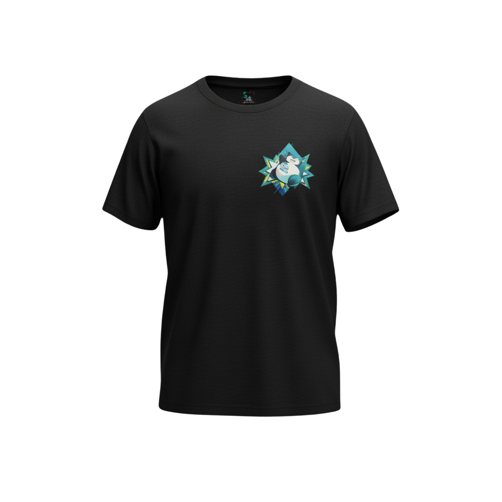 Front view of 5/14 Apparel Snorlax black tee — Snorlax and Piplup in teal starburst frame on left chest, premium Pokemon graphic tee
