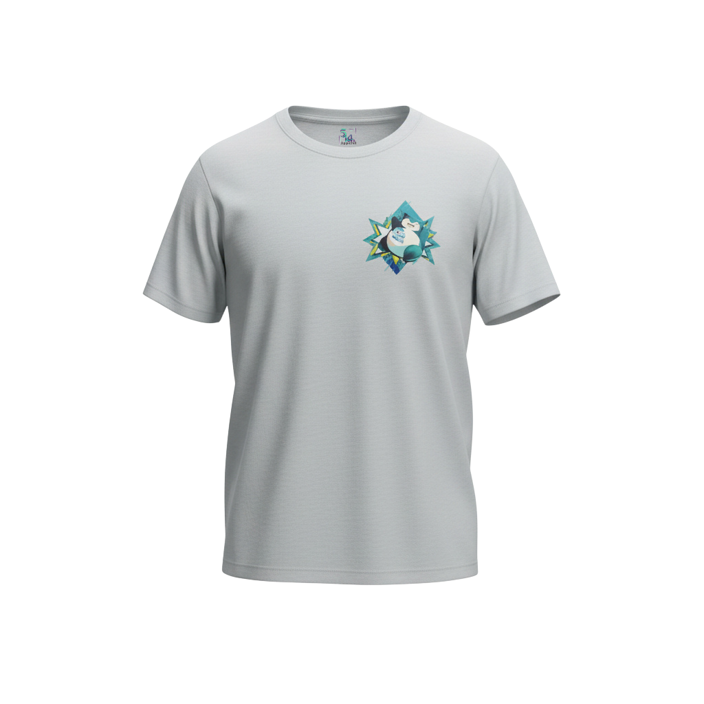 Front view of 5/14 Apparel Snorlax grey tee — Snorlax and Piplup in teal starburst frame on left chest, premium Pokemon graphic tee