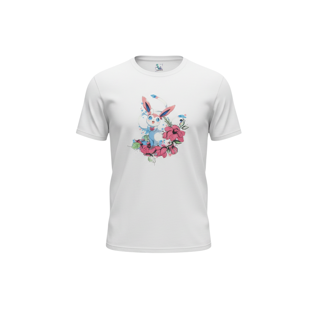 Close-up of Sylveon floral graphic on white tee — Sylveon with pink ribbons and pastel flowers design by 5/14 Apparel