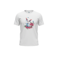 Close-up of Sylveon floral graphic on white tee — Sylveon with pink ribbons and pastel flowers design by 5/14 Apparel
