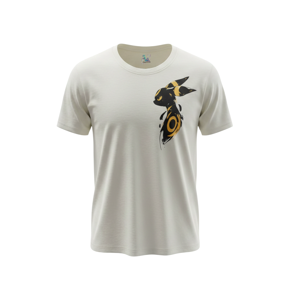 Front view of 5/14 Apparel Umbreon sandshell tee — Umbreon ink brush silhouette with gold ring detail on chest, premium Pokemon graphic tee